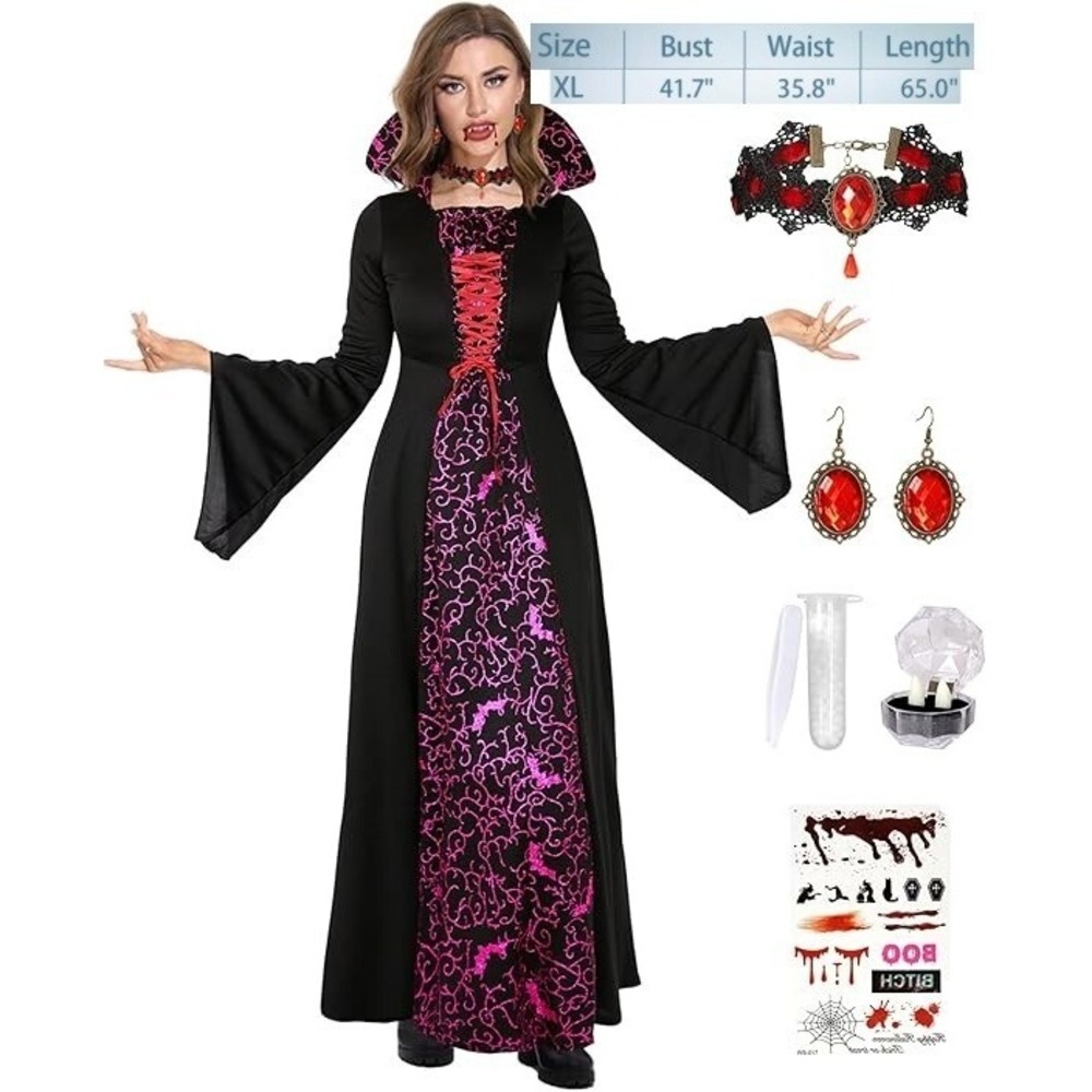 Vampire Dress Size XL Adult Halloween 65"Long +Accessory Bloodthirsty Vixen Goth